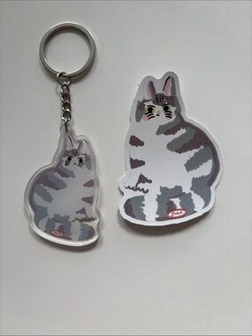 Cute Gray Tabby Cat Keychain & Sticker Set